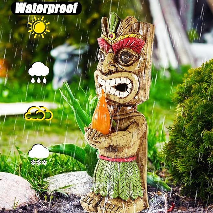 13" Tall Solar Torch Tiki Garden Statue, Resin Large Tiki Decor Figurine with Solar Lights, Hawaiian Tiki Man, Outdoor Patio Yard Lawn Bar Party Beach Pool Pond Decoration, Valentine's Day Gift