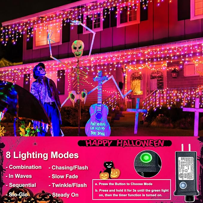Christmas Icicle Lights Outdoor, 66ft 640 LED Icicle Lights for Outside with 8 Modes Timers, Waterproof Plug in Twinkle String Light for House Eave Patio Party Holiday Decorations, Purple Orange