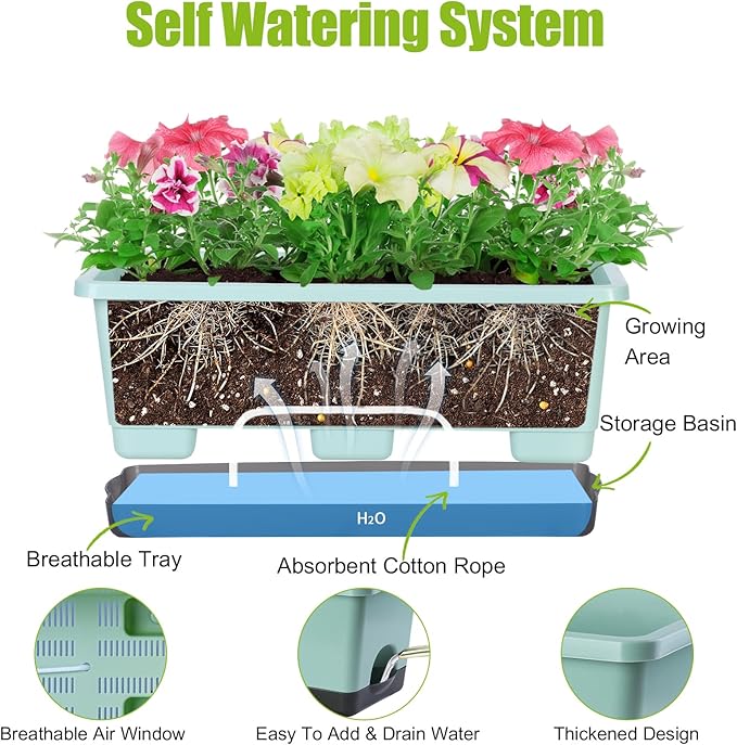 Window Box Planter 8 Pcs, 17 Inches Rectangle Flower Pots with Drainage Holes and Trays, Vegetable Planters for Windowsill Patio Garden Balcony Home Porch Yard Indoor Outdoor