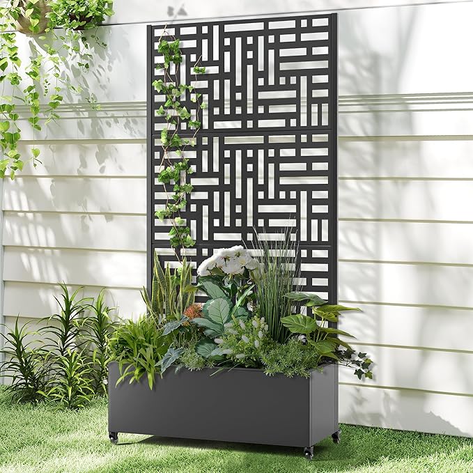 Raised Garden Bed with Trellis and Wheels,73"x35"x16" Metal Raised Garden Bed,Black Modern Metal Planter with Climbing Trellis for Vines & Vegetables