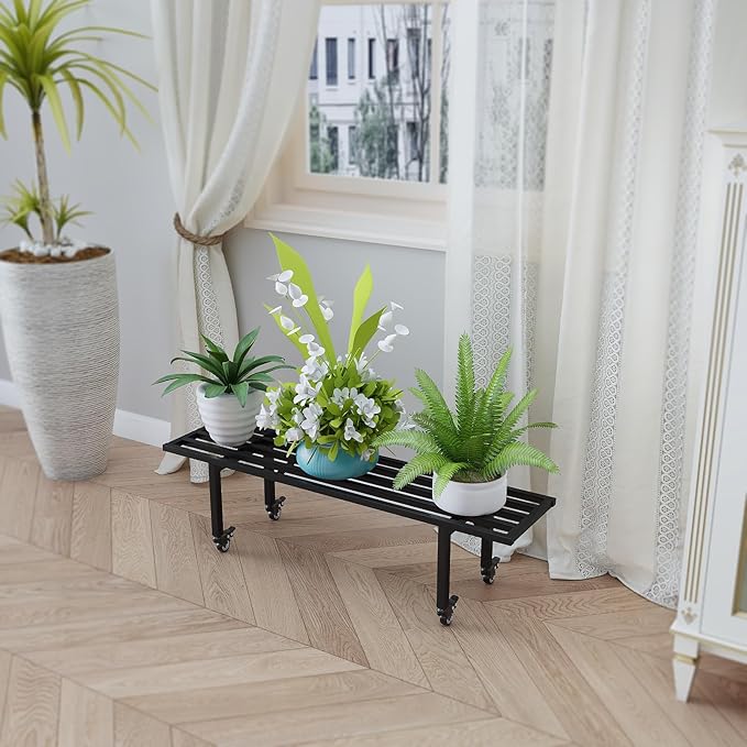 Zhongma One Tier Metal Plant Stand with Wheels,(35.43 L x 8.66 W x 10.3 H) Heavy Duty Plant Holder for Home, Window,Garden, Plant Lovers, Display Stand