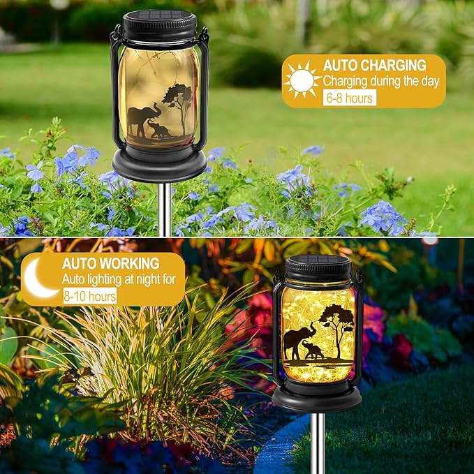 2 Pack Outdoor Hanging Solar Lanterns, Elephants Vintage Glass Mason Jar Fairy Lights, Mothers Day Gifts for Women Mom Grandma, Waterproof Garden Lights for Patio Yard Lawn Tree Party Decor
