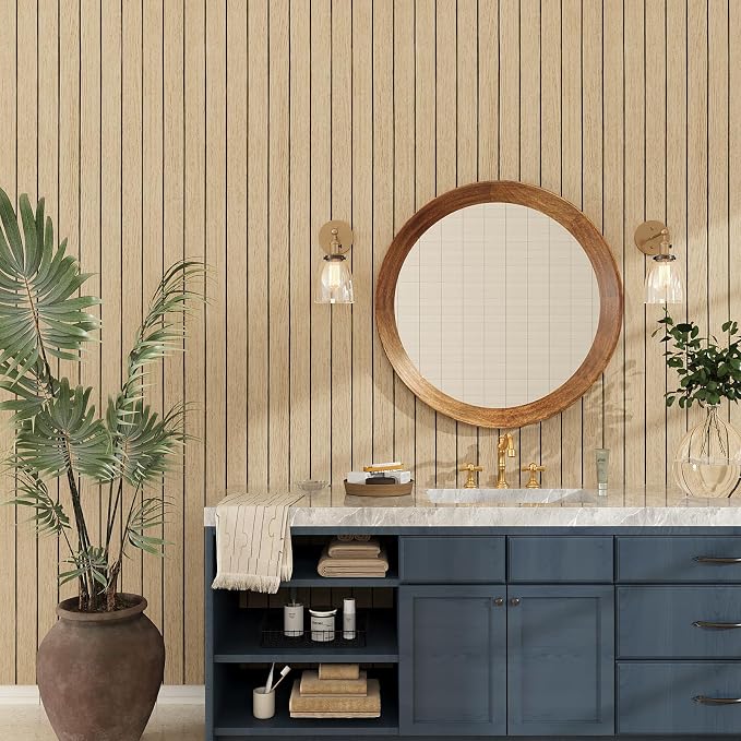 VEELIKE Light Oak Wood Wall Panels Peel and Stick Foam Slat Wallpaper - Image 4
