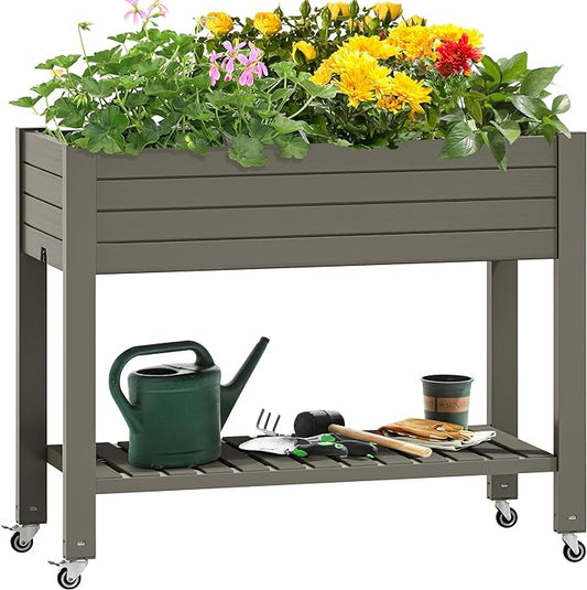 YITAHOME 43.3x17.7x34 in Elevated Garden Bed, Outdoor Plastic Planter Box with Wheels, Legs, Drain Plug, and Storage Shelf for Plants, Vegetables, Flowers, Herbs, Light Brown