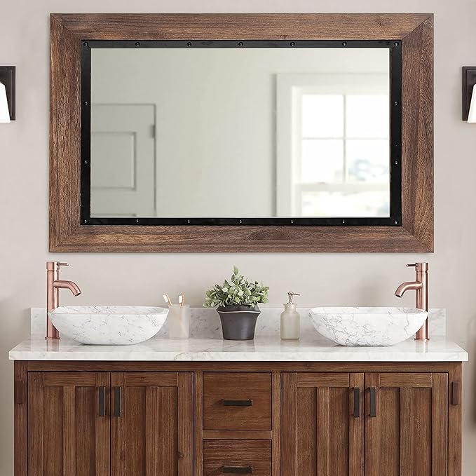 YOSHOOT Rustic Wooden Framed Wall Mirror, Natural Wood and Iron Bathroom Vanity by YOSHOOT