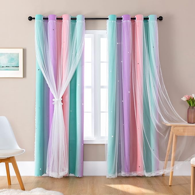 XiDi Curtains for Bedroom Decor, Rainbow Blackout Curtains for Kids/Little Girl by Addsomecolortolife