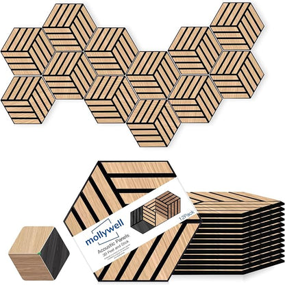 Mollywell Acoustic Panels, PVC Wood-Grain, 14x12 Inch Hexagon Carved Sound by Mollywell