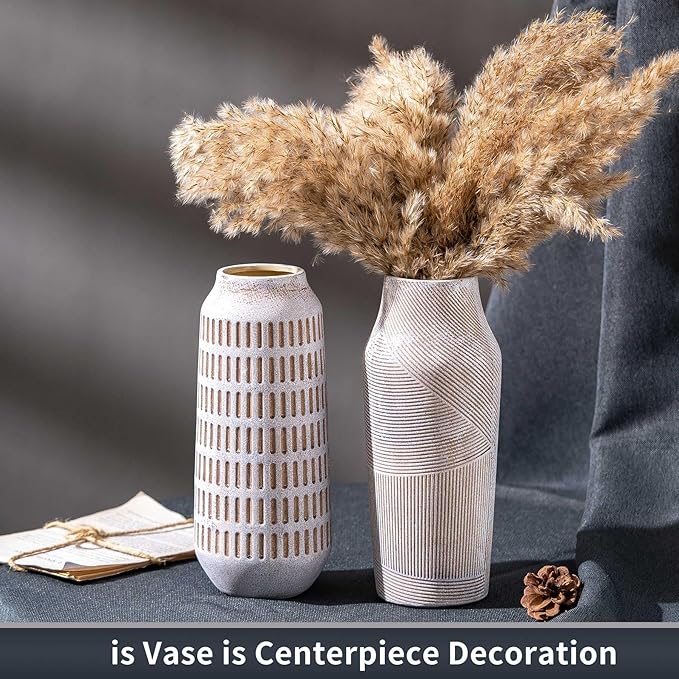 Vintage Ceramic Flower Vase, Terracotta Farmhouse Decorative Rustic Stone Clay Floral Vase, Concrete Grey Home Decor for Living Room, Entryway, Kitchen, Bedroom, Bathroom and Shelf 9.6 Inch