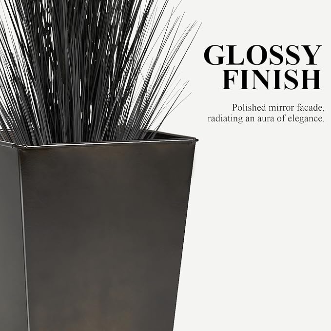 WORTH Garden 28" Large Metal Glazed Planter Set of 2, Luxurious Glossy Finish Black Tall Square Tapered Steel Plant Pots, Decor Flower Pot Indoor & Outdoor, Drainage Hole & Dual-Purpose Plant Saucer
