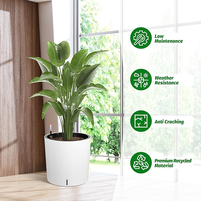 Tall Round Planter Set of 2, 19.5‘’ H x 19.9" Dia Large Planters for Indoor Plants with Built-in Drainage and a Water Level Monitor and Wheels for Patio, Porch, Living Room, or Home Office, White