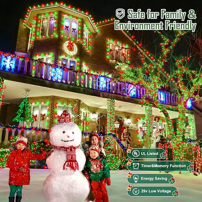 Heceltt 360 LED 118 FT String Lights Outdoor, 8 Modes Christmas Lights Plug in, IP44 Waterproof Led String Lights with Timer and Memory for Xmas Yard Garden Decorations (Red and Green)