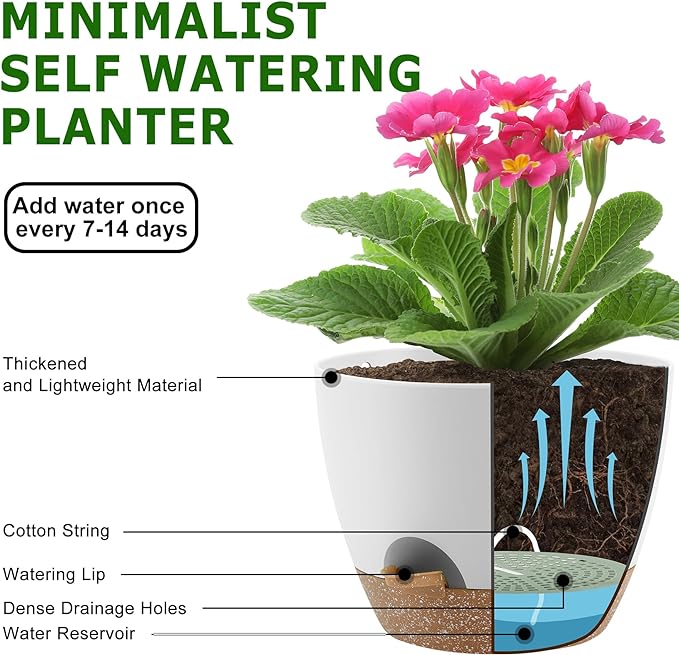 Plant Pots 10/9/8/7.5/7 Inch Self Watering Pots, Set of 5 Plastic Planters with Drainage Holes and Saucers,Plastic Flower Pots,Nursery Planting Pot for Indoor Out Door Plants（White）