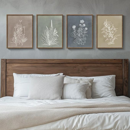 Boho Framed Botanical Wall Art for Bedroom, 4 Piece Vintage Neutral Floral by Cuspin