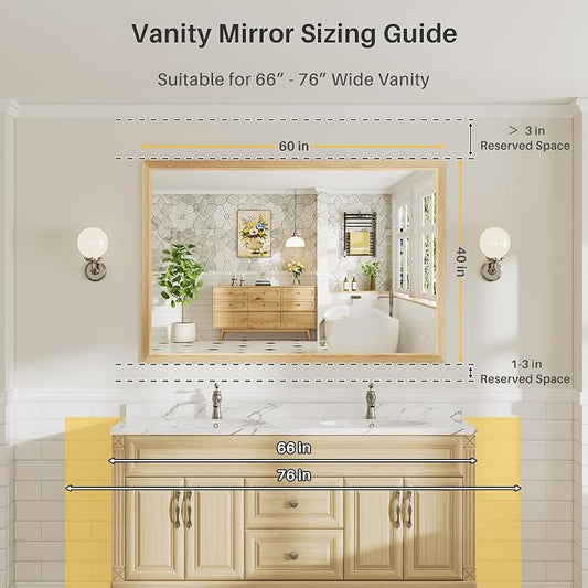60x40 Inch Bathroom Mirror for Wall, Anti-Rust Oak Wood Grain Metal Framed - Image 2