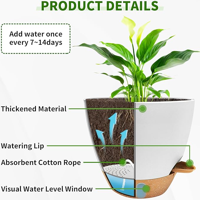 12/10/9/8 inch Self Watering Pots with Visual Water Window, Extra Large Self Watering Plant Pot with Drainage Holes and Saucers, White Flower Pots for Indoor Plants