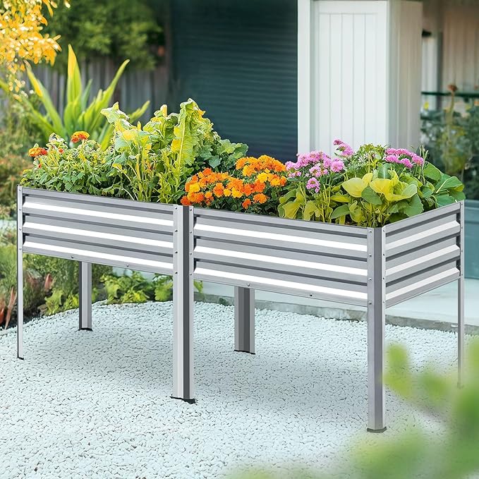 KING BIRD Raised Garden Bed with Legs Galvanized Large Elevated Planter Box for Backyard, Patio, Balcony, 600lb Capacity, Silver 70.9x22.8x31.5 in