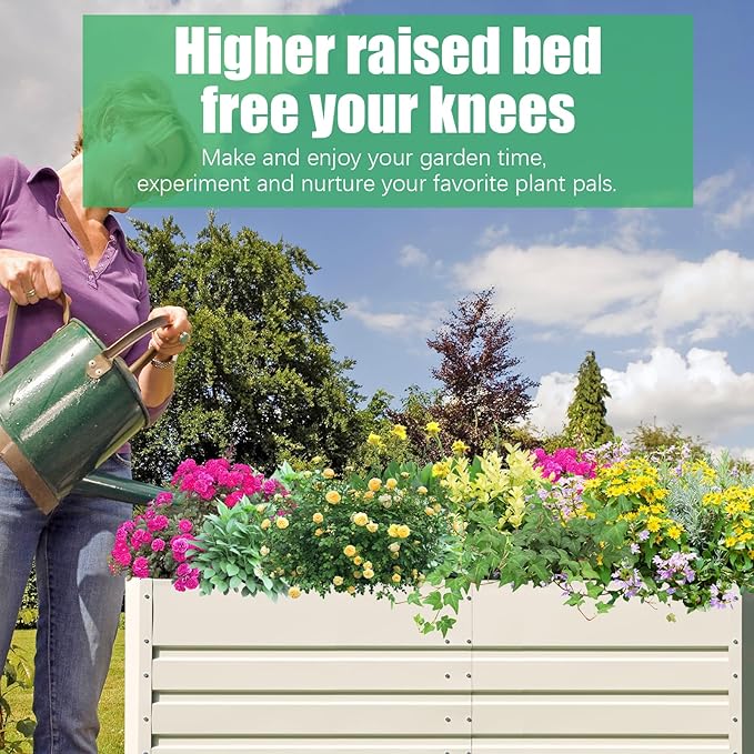 SnugNiture Galvanized Raised Garden Bed 8x4x2FT Outdoor Large Metal Planter Box Steel Kit for Planting Vegetables, Flowers, Beige White