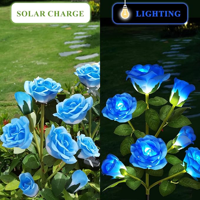 1 Pack Solar Garden Lights Outdoor, 7-Flower Rose Solar Lights for Yard, LED Solar Powered Stake Lights for Patio Pathway Lawn Fence Cemetery, Blue