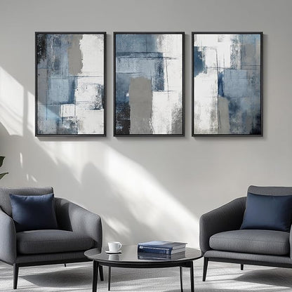 Large Framed Blue and Grey Abstract Wall Art, 3 Piece Modern Canvas Prints - Image 4