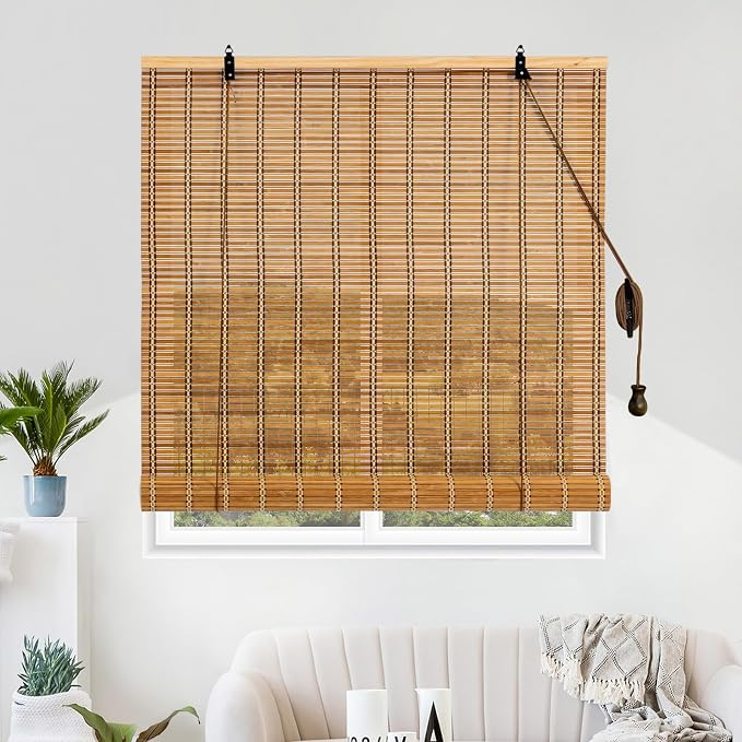 Bamboo Roll Up Shades for Windows 32Wx72L, Light Filtering Hanging Window Blinds by Vteyeya