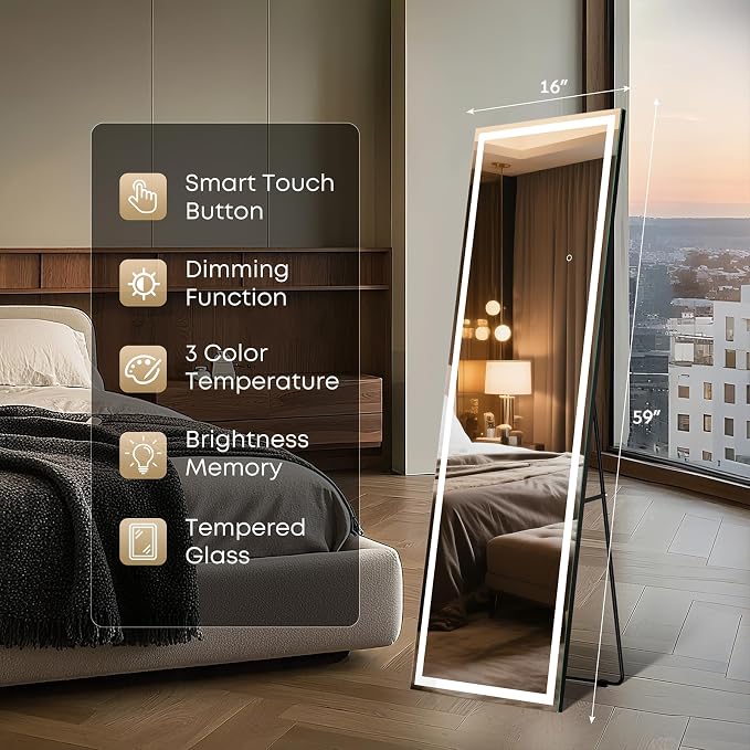 Kosmonia 59x16 Frameless Full Length Mirror, Dimmable 3 Color LED Light - Image 6
