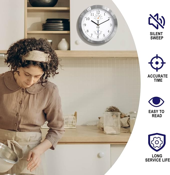 HITO 10 Inch Silent Wall Clock Battery Operated Non Ticking Glass Cover Silver - Image 3