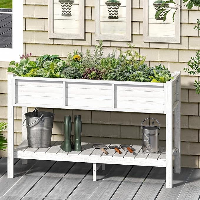 YITAHOME 48x18x30in Raised Garden Bed, Weather Resistant Poly Lumber Planter Box with Legs & Storage Shelf, Elevated Garden Bed for Yard, Garden, Balcony - White