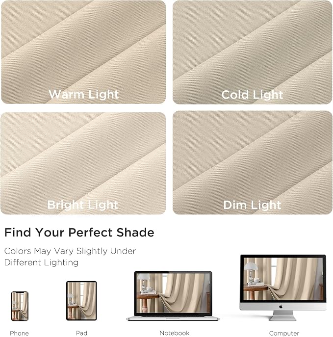 CUCRAF Light Beige Blackout Curtains 108 inch Length 2 Panels Set, Rod Pocket - Image 4