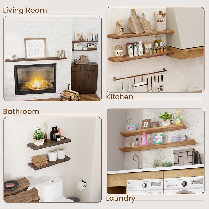 Floating Shelves for Wall Decor, Rustic Solid Elm Wood Live Edge Floating - Image 7