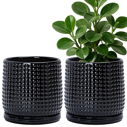 D'vine Dev Set of 2 Ceramic Plants Pots, 6 Inch Beaded Stoneware Flower Pot for Plants with Drainage Hole and Saucer, Glossy Black, 27-E-X-2