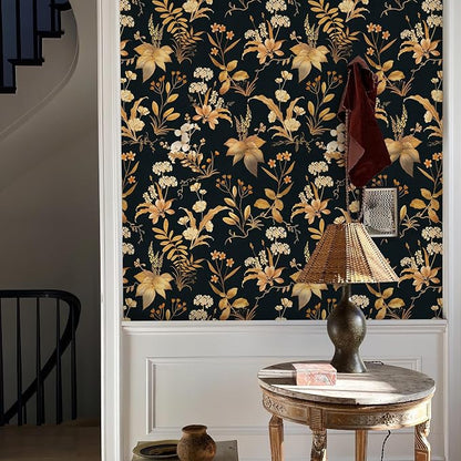 Simon&Siff Vintage Wallpaper Peel and Stick Black Gold Floral Wallpaper - Image 5