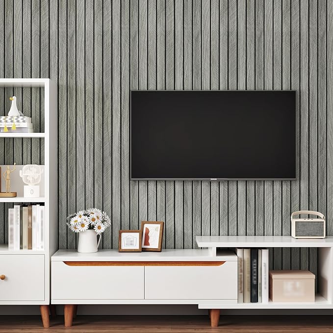 Grey Wood Grain Slat Panels for Interior Wall Decor 197"x23.6" Peel and Stick - Image 2