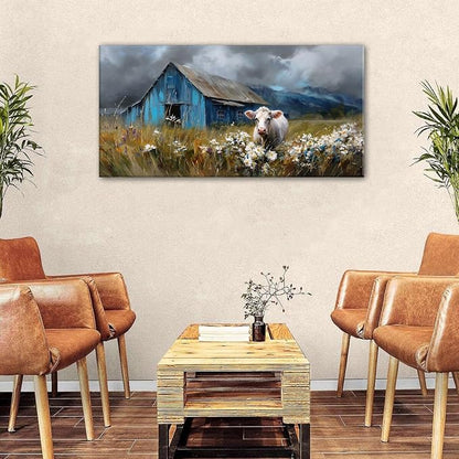 AIYISU Farmhouse Cow Wall Art Rustic Barn Landscape Pictures Wall Decor Blue - Image 4