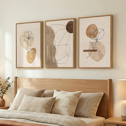 Framed Neutral Abstract Boho Wall Art Bedroom, 3 Piece Brown Black Botanical - Image 2