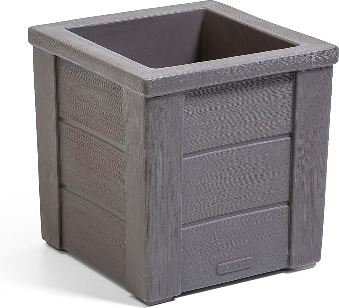 Step2 Lakewood Square Planter Box, Outside All-Season All-Weather Gardening Pot for Patio and Front Porch, Dark Cedar, 2-Pack
