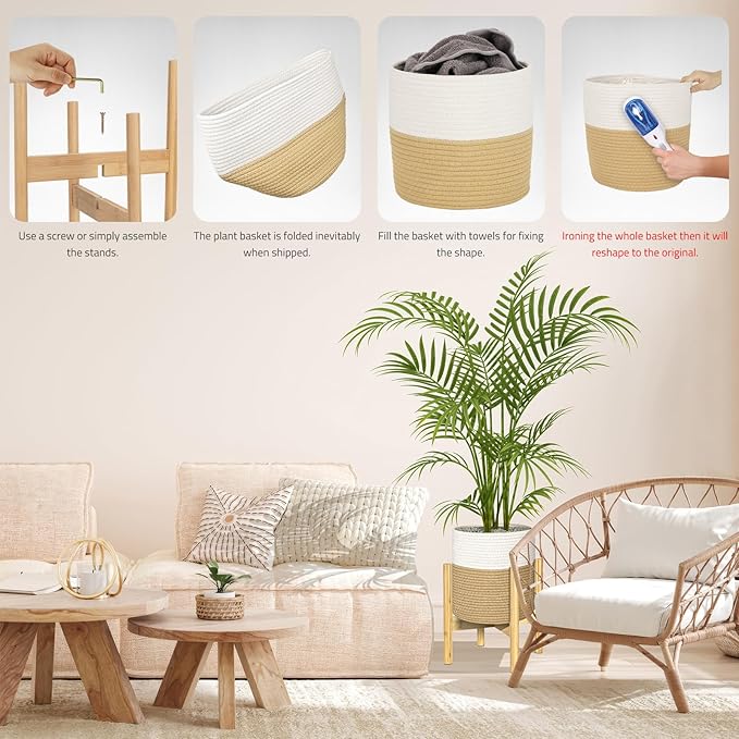 PAULINN Plant Basket with Stand 11" x 11", Woven Basket with Bamboo Plant Stand, for Indoor Plant, Fits Up to 10 Inch Plant Pots, White and Beige