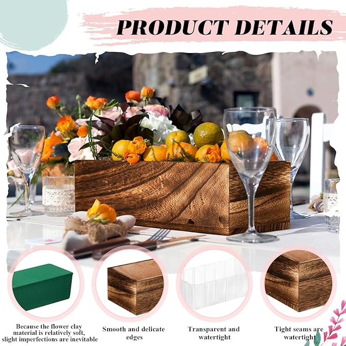 Dandat 2 Set Wood Boxes for Centerpieces Rectangle Wooden Planter Box Rustic Wood Planter with Removable Plastic Liner Floral Foam Blocks for Centerpieces Home Wedding Garden Decor (12x4 Inch)
