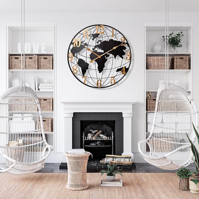 Large World Map Wall Clock, Metal Minimalist Modern Clock, Round Silent - Image 6