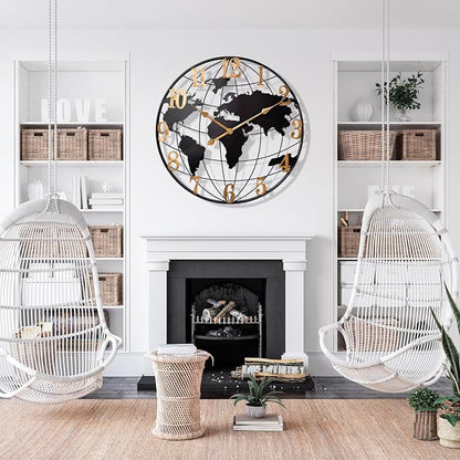Large World Map Wall Clock, Metal Minimalist Modern Clock, Round Silent - Image 5
