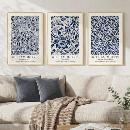 Framed Large William Morris Wall Art Set of 3, Vintage Blue Botanical Floral by Cuspin