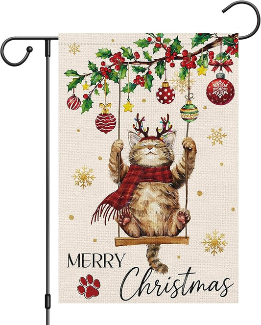 Heyfibro Merry Christmas Cute Cat Swing Garden Flag 12x18 Inch Double Sided Burlap, Retro Christmas Ball Snowflake Yard Banner for Winter Holiday Xmas Seasonal Outdoor Decoration(ONLY FLAG)