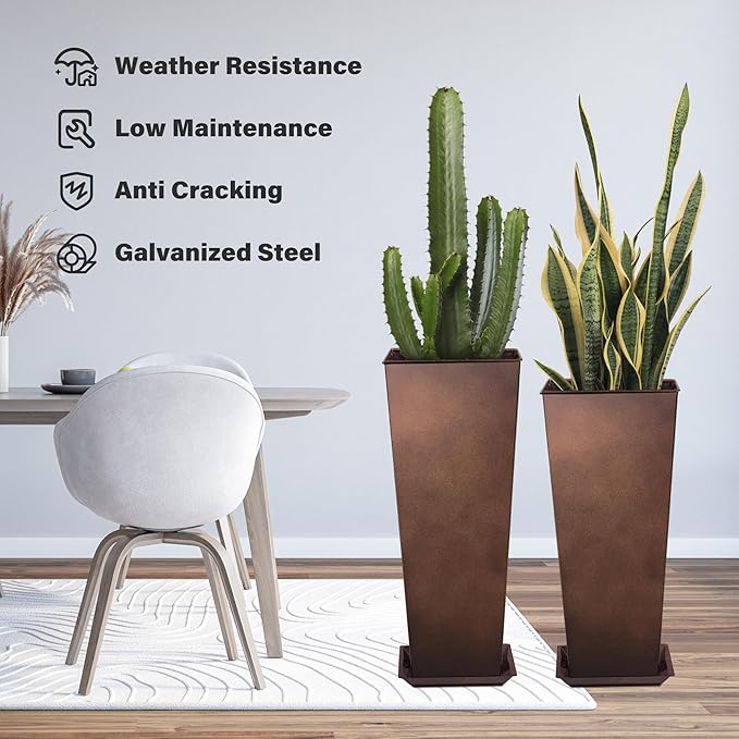 KOL 25'' & 28'' Tall Galvanized Steel Planter with Saucer, Metal Planter Pots for Indoor & Outdoor Use, Decorative Flower Plant Pots with Drainage Hole for Front Porch, Patio, Deck - Rust Color