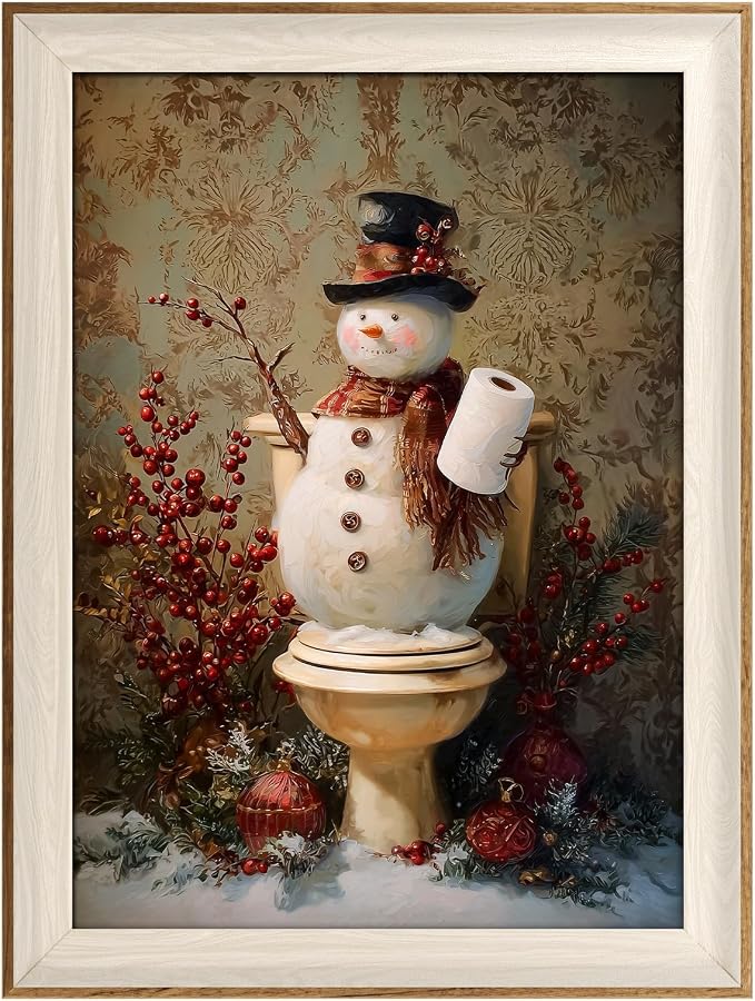 VIYYIEA Winter Framed Wall Art for Living Room, Snowman in Bathroom Canvas - Image 2