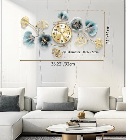 Wall Clocks for Living Room Decor, Large Wall Clock, 3D Creative Metal Ginkgo - Image 3