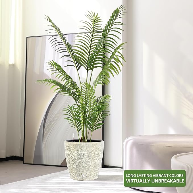 Dexceder 13x12 Self Watering Planter with Wheels Indoor Outdoor, Inner Pot Design, Thickened Large Floor Standing Flower Plant Pot with Water Level Indicator (White Gold Crackle)