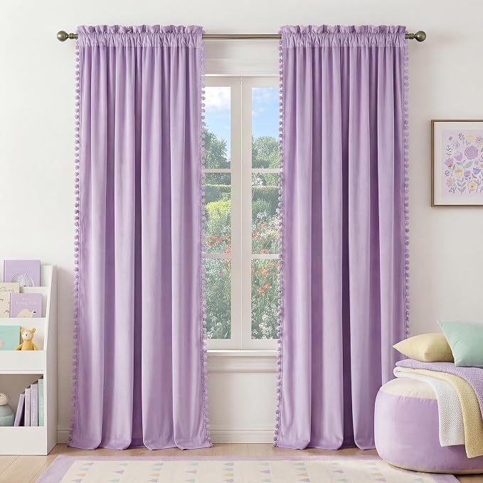 NICETOWN Lilac Purple Velvet Curtains 96 Inch Length – Pom Pom Room Darkening by NICETOWN