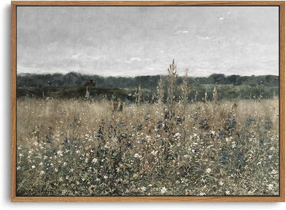 OIQArtOIQ Vintage Framed Wall Art Wildflower Field Meadow Canvas Art Prints by OIQArtOIQ