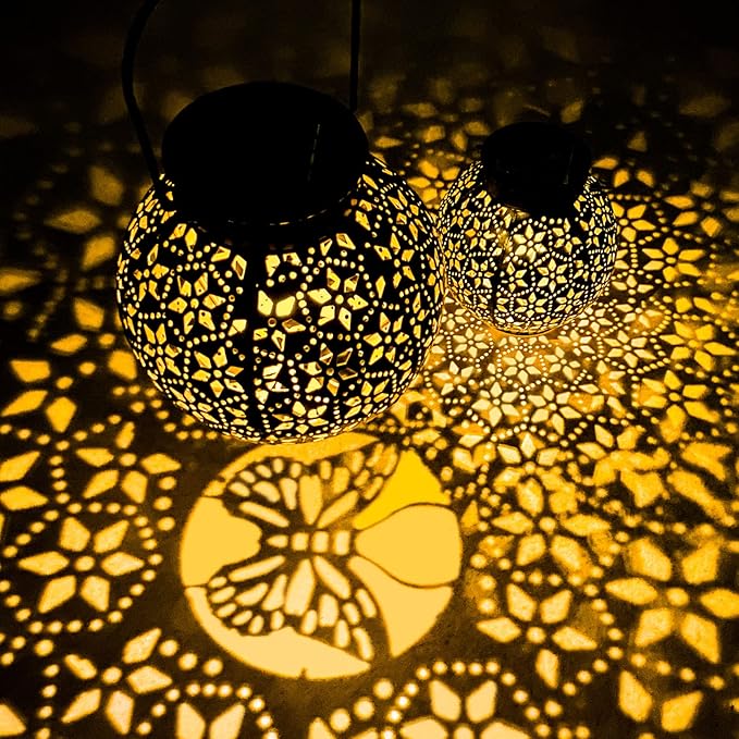2 Pack Outdoor Solar Lantern Lights, Waterproof Tabletop LED Moroccan Lanterns, Hanging Metal Decorative Garden Lights for Patio, Lawn, Porch, Backyard