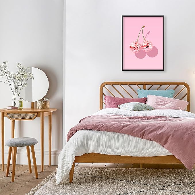 Funky Pink Cherry Poster Retro Disco Ball Canvas Wall Art 16X24 inch Black - Image 7