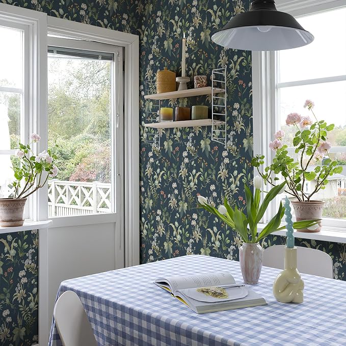 Simon&Siff Vintage Peel and Stick Wallpaper Blue Floral Wallpaper Wildflowers by SimonSiff